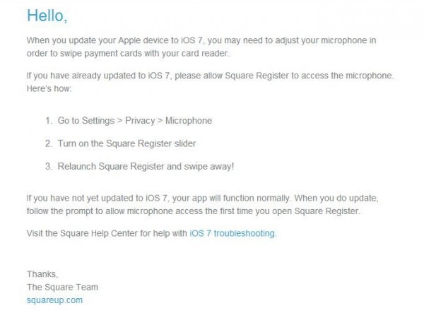 Square Device iOS7 email