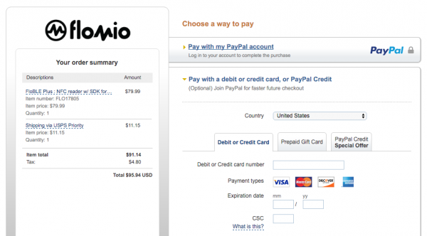 PayPal Pay with Credit Card screen